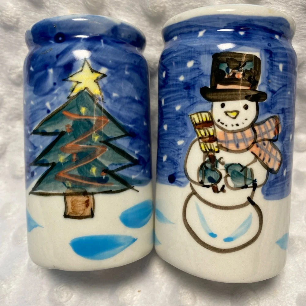 Christmas - Hand Painted Snowman and Christmas Tree Salt and Pepper Shakers